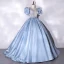 Cendrillon Mode Bleu Ciel Robe De Bal 2021 Robe Boule Satin V-Cou Volants Manches Courtes Cristal Ceinture Dos Nu Longue Robe De Ceremonie