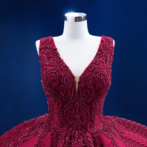 Elegant Burgundy Wedding Dresses 2021 Ball Gown Beading Pearl Sequins V-Neck Sleeveless Backless Cascading Ruffles Cathedral Train Wedding