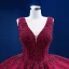 Elegant Burgundy Wedding Dresses 2021 Ball Gown Beading Pearl Sequins V-Neck Sleeveless Backless Cascading Ruffles Cathedral Train Wedding