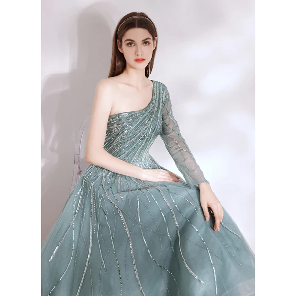 Charmant Vert Jade Paillettes Robe De Soirée 2021 Princesse Une épaule Manches Longues Dos Nu Thé Longueur Soirée Robe De Ceremonie