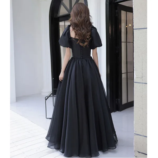 Elegant Black Prom Dresses 2021 A-Line / Princess Square Neckline Puffy Short Sleeve Backless Floor-Length / Long Prom Formal Dresses