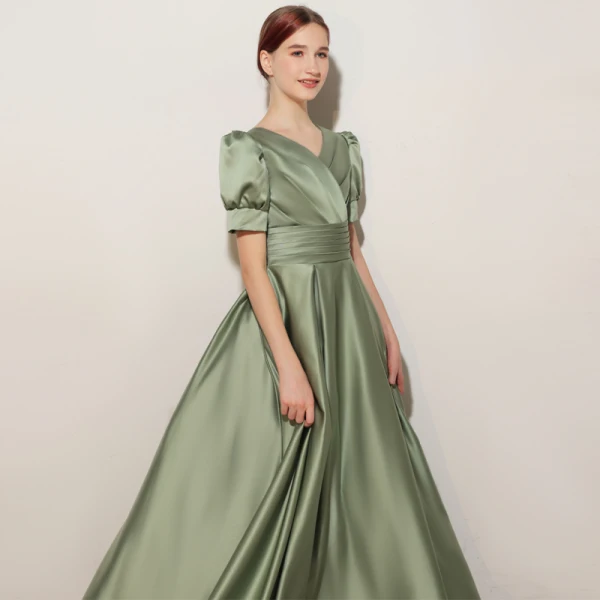 Elegant Sage Green Birthday Flower Girl Dresses 2021 A-Line / Princess Satin V-Neck Short Sleeve Floor-Length / Long Flower Girl Dresses