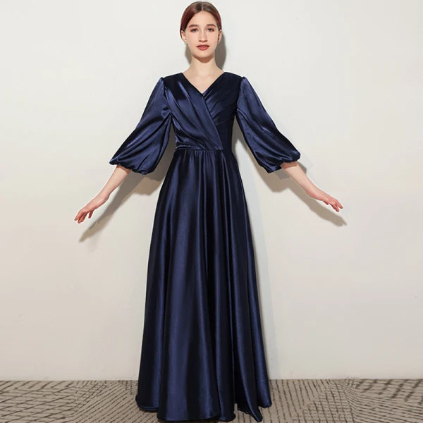Elegant Navy Blue Satin Birthday Flower Girl Dresses Party Dresses 2021 A-Line / Princess V-Neck 1/2 Sleeves Floor-Length / Long Flower Girl Dresses