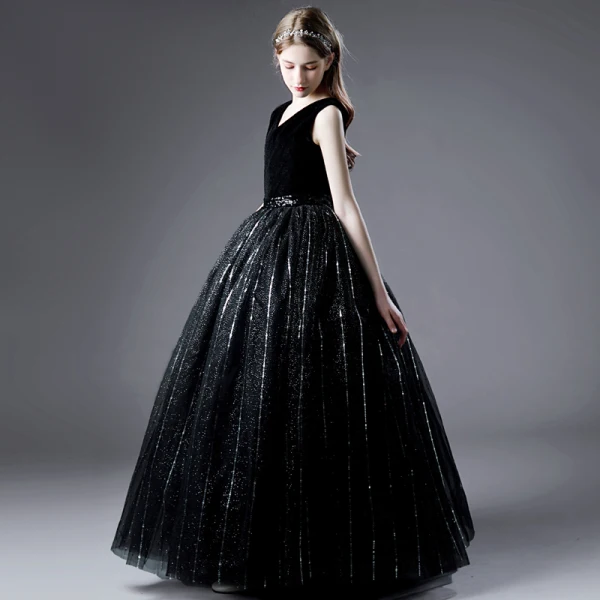 Charming Black Sequins Birthday Flower Girl Dresses Party Dresses 2021 Ball Gown V-Neck Sleeveless Floor-Length / Long Flower Girl Dresses