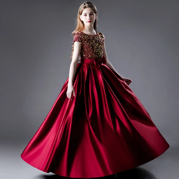 Charming Burgundy Party Dresses Flower Girl Dresses 2021 A-Line / Princess Scoop Neck Satin Short Sleeve Bow Sash Sequins Birthday Floor-Length / Long Flower Girl Dresses