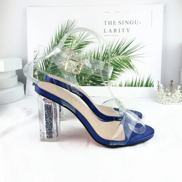 Sexy Transparent Ocean Blue Crystal Womens Sandals 2021 Street Wear Ankle Strap 10 cm Stiletto Heels Open / Peep Toe Womens Sandals High Heels