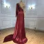 High-end Burgundy Handmade  Beading Pearl Rhinestone Evening Dresses 2021 Trumpet / Mermaid Scoop Neck Satin Long Sleeve Sweep Train Evening Party Formal Dresses