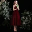 Chic / Beautiful Burgundy Homecoming Suede Graduation Dresses A-Line / Princess 2021 Spaghetti Straps Sleeveless Backless Pearl Tea-length Formal Dresses