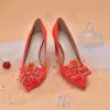 Chic / Beautiful Red Crystal Prom Pumps 2021 Leather 8 cm Thick Heels Pointed Toe Pumps High Heels