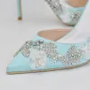 Charming Mint Green Appliques Pearl Rhinestone Wedding Shoes 2021 Leather 10 cm Stiletto Heels Pointed Toe Wedding Shoes High Heels