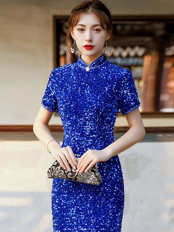 Sparkly Royal Blue Sequins Evening Party Cheongsam 2021 Trumpet / Mermaid Short Sleeve Tea-length Cheongsam / Qipao