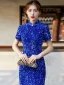 Sparkly Royal Blue Sequins Evening Party Cheongsam 2021 Trumpet / Mermaid Short Sleeve Tea-length Cheongsam / Qipao