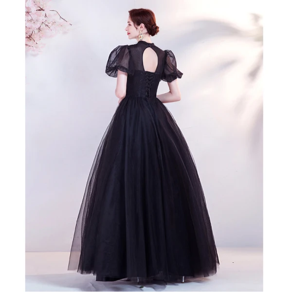 Élégant Noire En Dentelle Fleur Robe De Bal 2021 Princesse Col Haut Perle Faux Diamant Gonflée Manches Courtes Dos Nu Promo Longue Robe De Ceremonie