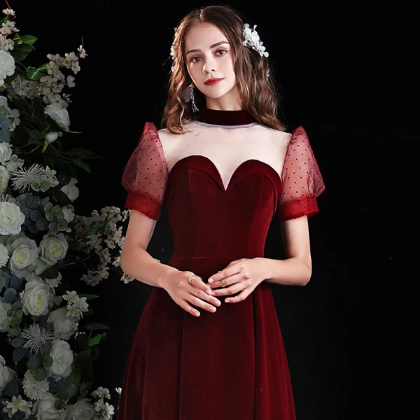 Elegant Burgundy Suede Prom Dresses 2021 A-Line / Princess High Neck Short Sleeve Backless Tea-length Prom Formal Dresses