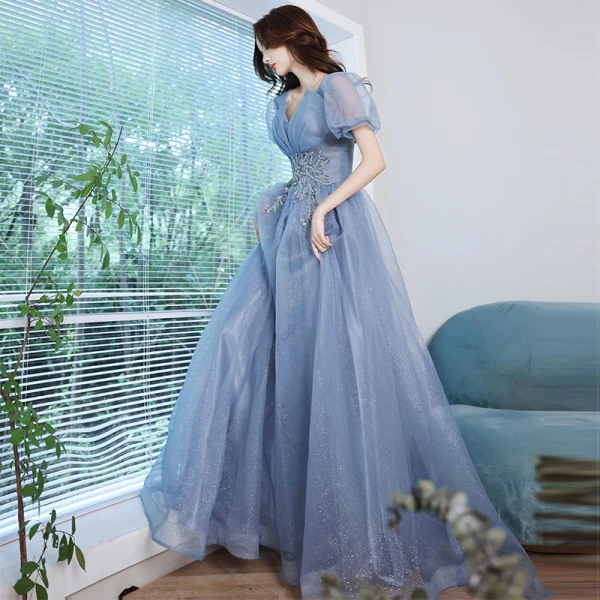 Élégant Océan Bleu Robe De Bal 2021 Princesse V-Cou Perlage Perle Paillettes Manches Courtes Longue Robe De Bal