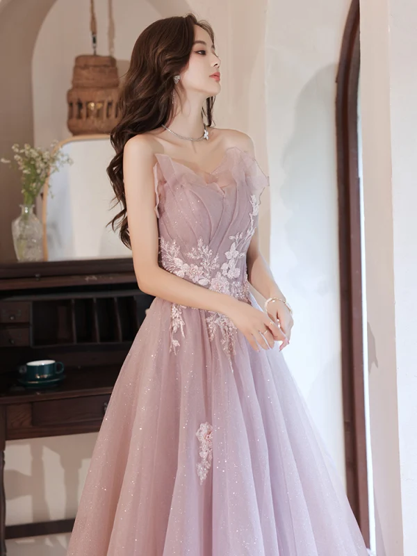 Chic / Beautiful Dusky Pink Glitter Prom Dresses 2021 A-Line / Princess Strapless Beading Sequins Lace Flower Sleeveless Backless Floor-Length / Long Formal Dresses