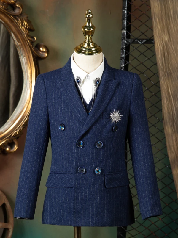 Fashion Navy Blue Striped Long Sleeve Boys Wedding Suits 2021 Body Jewellery Coat Pants Shirt Tie Vest