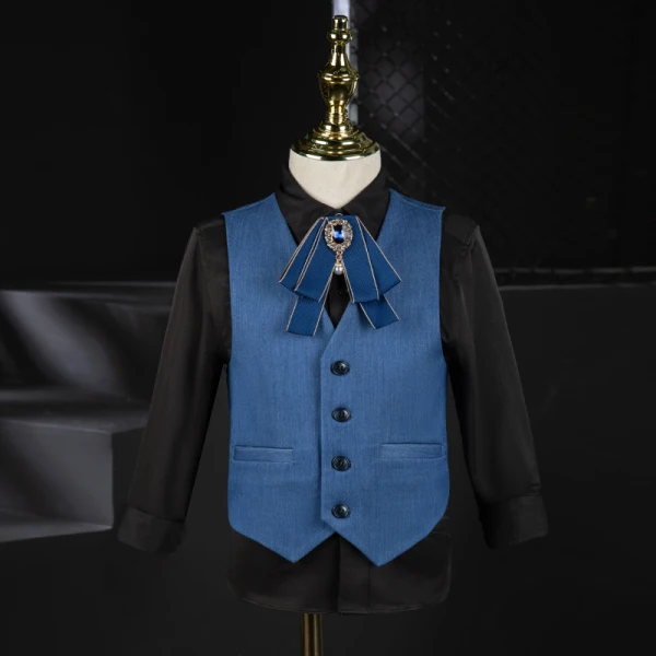 Fashion Ocean Blue Boys Wedding Suits 2021 Long Sleeve Rhinestone Bow Body Jewellery Coat Pants Shirt Vest