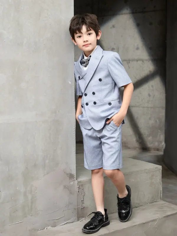 Mode Gris Bleu Ciel Costume Garçon Mariage 2021 Manches Courtes Noeud Cravate