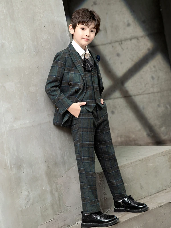 Mode Manches Longues Plaid Costume Garçon Mariage 2021 Mariage Manteau Pantalon Chemise Gilet