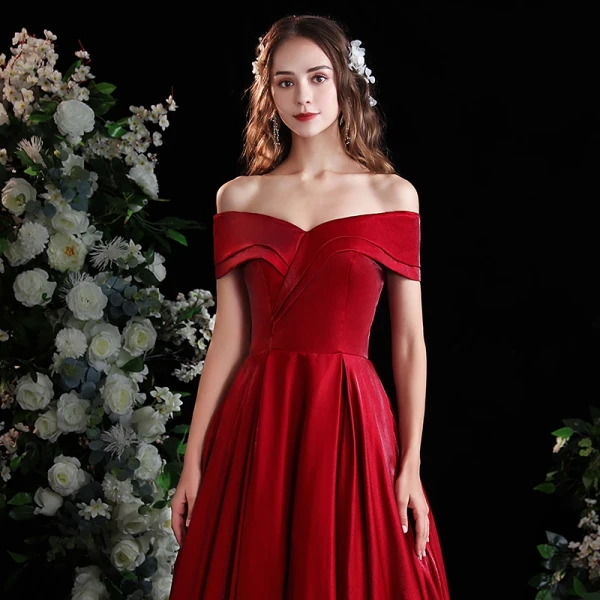 Chic / Belle Bordeaux Robe De Bal 2021 Princesse De l'épaule Manches Courtes Dos Nu Longue Promo Robe De Ceremonie