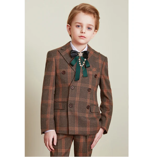Fashion Brown Plaid Boys Wedding Suits 2021 Long Sleeve Body Jewellery Coat Pants Shirt Vest