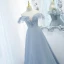 Charming Sky Blue Glitter Pleated Prom Dresses 2021 A-Line / Princess Ruffle Off-The-Shoulder Short Sleeve Floor-Length / Long Formal Dresses