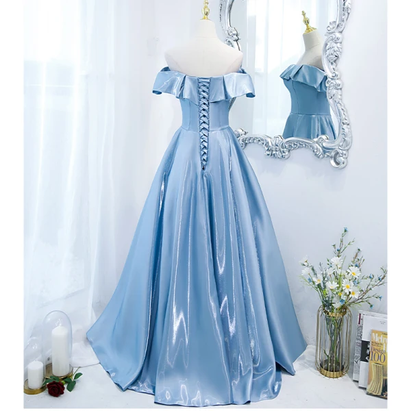 Simple Bleu Ciel Satin Robe De Bal 2021 Princesse De l'épaule Manches Courtes Longue Robe De Ceremonie