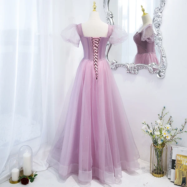 Elegant Lilac Beading Prom Dresses 2021 A-Line / Princess Square Neckline Puffy Short Sleeve Backless Floor-Length / Long Formal Dresses