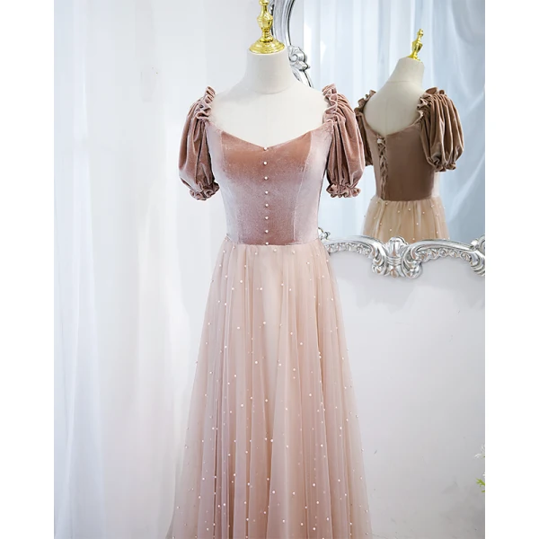 Elegant Rødmende Rosa Perle Suede Ballkjoler 2021 Prinsesse Firkantet Hals Korte Ermer Ryggløse Lange Ballkjoler