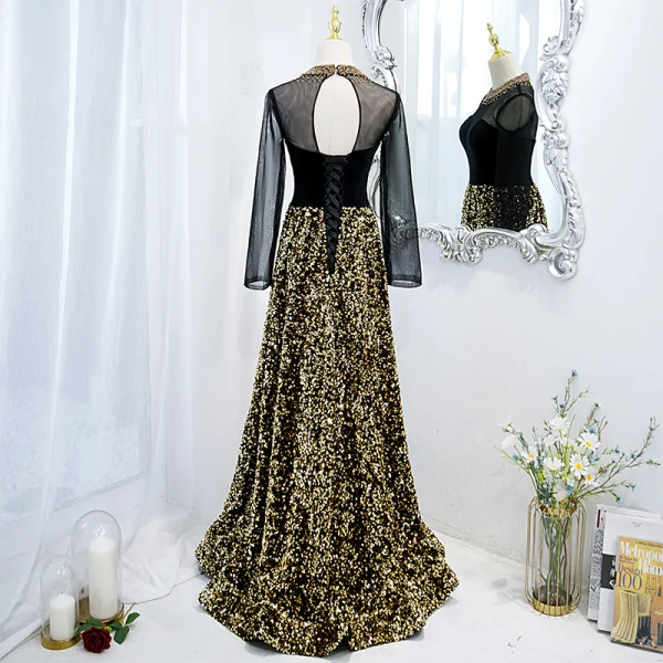 Charming Black Gold Beading Rhinestone Sequins Evening Dresses 2021 A-Line / Princess Scoop Neck Long Sleeve Floor-Length / Long Formal Dresses