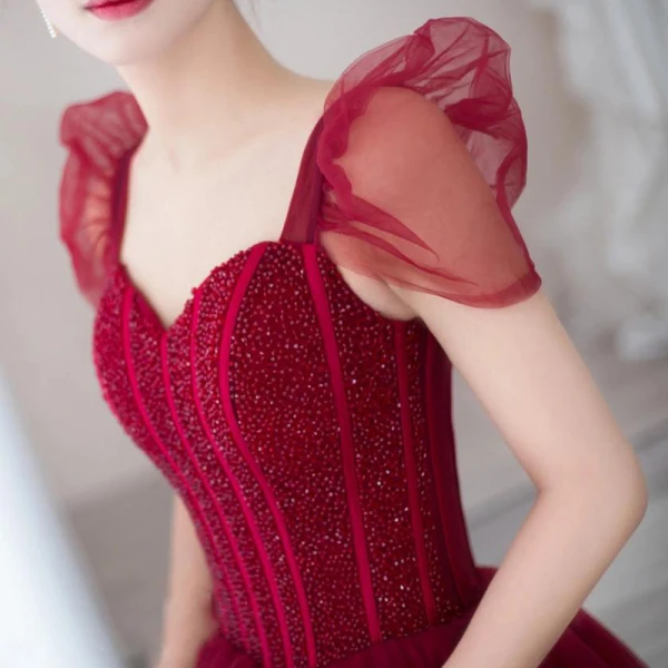 Elegant Burgundy Beading Rhinestone Prom Dresses 2021 A-Line / Princess Square Neckline Short Sleeve Backless Prom Floor-Length / Long Formal Dresses