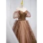 Fashion Brown Beading Sequins Rhinestone Backless Pierced Prom Dresses 2021 A-Line / Princess Off-The-Shoulder Puffy Short Sleeve Floor-Length / Long Formal Dresses
