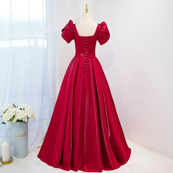 Elegant Burgundy Bow Satin Prom Dresses 2021 A-Line / Princess Square Neckline Short Sleeve Floor-Length / Long Formal Dresses