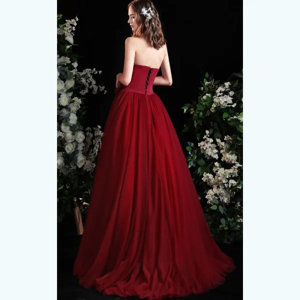 Chic / Belle Bordeaux Robe De Bal 2021 Princesse Bustier Noeud Sans Manches Longue Promo Robe De Ceremonie