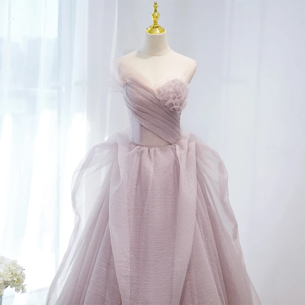 Charming Fashion Dusky Pink Cascading Ruffles Prom Dresses 2021 A-Line / Princess Strapless Sleeveless Backless Floor-Length / Long Prom Formal Dresses