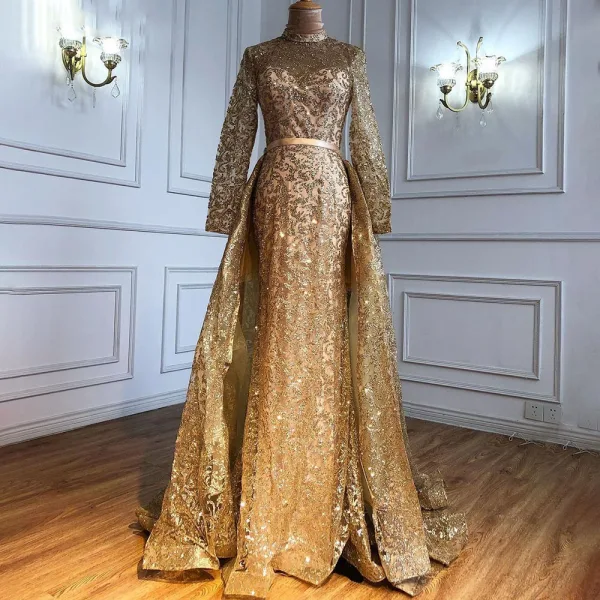 Haut de Gamme Noire Robe De Soirée 2021 Trompette / Sirène Col Haut Fait main Perlage Paillettes Ceinture Manches Longues Longue Soirée Robe De Ceremonie
