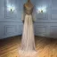 Charmant High End Beige Abendkleider 2021 A Linie V-Ausschnitt Perlenstickerei Strass Pailletten Lange Ärmel Rückenfreies Sweep / Pinsel Zug Abend Festliche Kleider