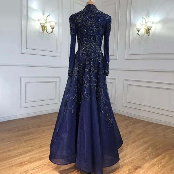 High-end Navy Blue Handmade  Beading Rhinestone Evening Dresses 2021 A-Line / Princess High Neck Long Sleeve Floor-Length / Long Evening Party Formal Dresses