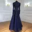High-end Navy Blue Handmade  Beading Rhinestone Evening Dresses 2021 A-Line / Princess High Neck Long Sleeve Floor-Length / Long Evening Party Formal Dresses