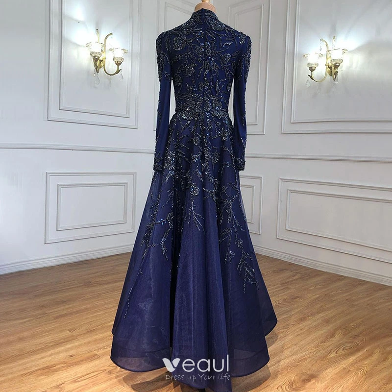 High-end Navy Blue Handmade Beading Rhinestone Evening Dresses 2021 A-Line / Princess High Neck Long Sleeve Floor-Length / Long Evening Party Formal