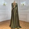 Modern / Fashion Olive Green Evening Dresses  2021 A-Line / Princess Scoop Neck Beading Rhinestone Long Sleeve Evening Party Floor-Length / Long Formal Dresses