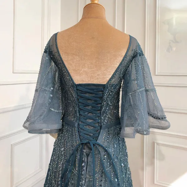 Charmant High End Meeresblau Abendkleider 2021 A Linie Rundhalsausschnitt Perlenstickerei Strass Pailletten 1/2 Ärmel Rückenfreies Stoffgürtel Lange Festliche Kleider