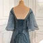 Charmant High End Meeresblau Abendkleider 2021 A Linie Rundhalsausschnitt Perlenstickerei Strass Pailletten 1/2 Ärmel Rückenfreies Stoffgürtel Lange Festliche Kleider