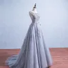 Elegant Grey Prom Dresses 2017 Appliques Lace Sleeveless Backless Sash Ruffle Tulle Formal Dresses