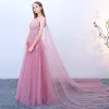Chic / Beautiful Blushing Pink Prom Dresses 2018 A-Line / Princess Square Neckline Sleeveless Sequins Beading Watteau Train Ruffle Backless Formal Dresses