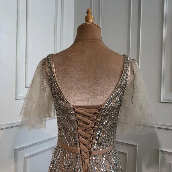 Sparkly High-end Beading Sequins Gold Evening Dresses 2021 A-Line / Princess Square Neckline Sash Short Sleeve Backless Floor-Length / Long Formal Dresses