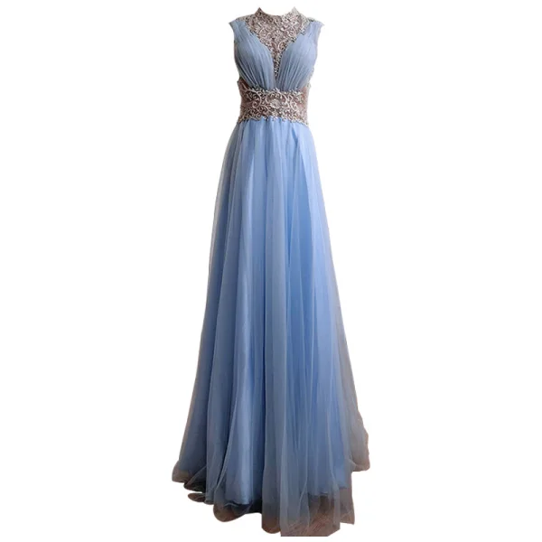 Fashion Sky Blue Beading Rhinestone Sequins Evening Dresses 2021 A-Line / Princess High Neck Sleeveless Floor-Length / Long Formal Dresses