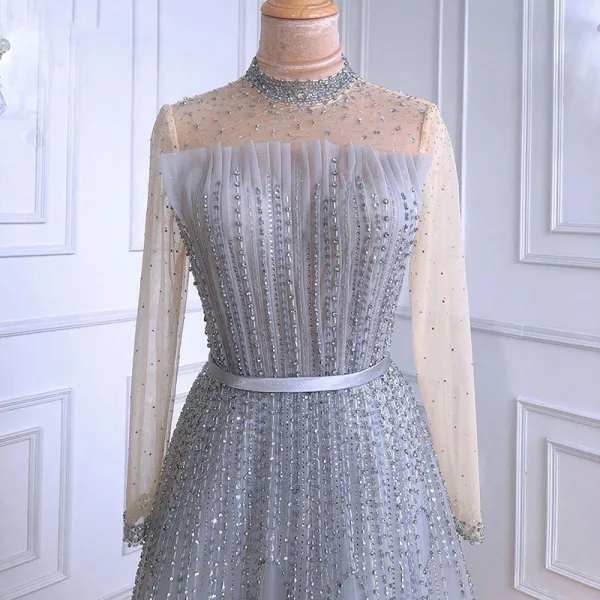 High-end Grey Beading Rhinestone Sequins Evening Dresses  2021 A-Line / Princess High Neck Long Sleeve Sash Floor-Length / Long Formal Dresses