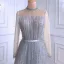 High-end Grey Beading Rhinestone Sequins Evening Dresses  2021 A-Line / Princess High Neck Long Sleeve Sash Floor-Length / Long Formal Dresses